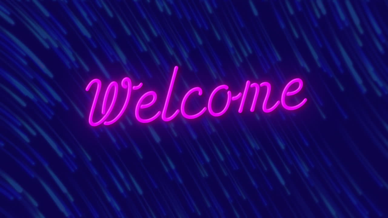 Animation of welcome neon text over light trails on dark background