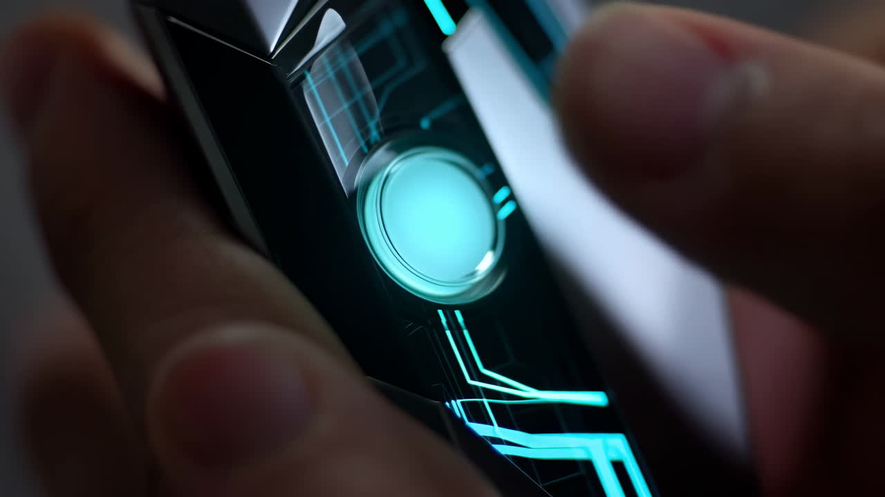 Finger Pressing Futuristic Device Button with Glowing Blue Circuits