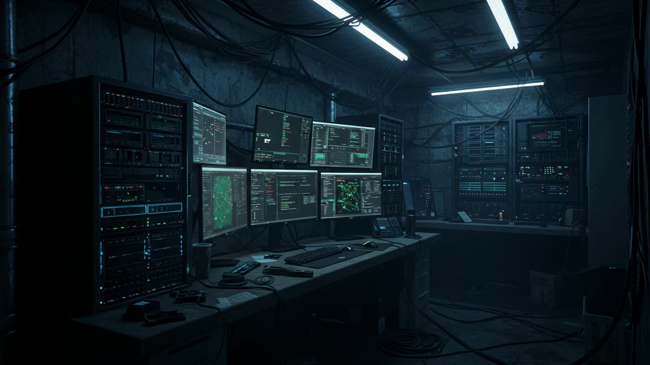 Exploring a high-tech control room with advanced monitors and servers in a dimly lit underground setting
