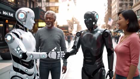 a friendly encounter: a man and a woman engage with two advanced robots in an urban setting, exploring new frontiers in human-robot interaction