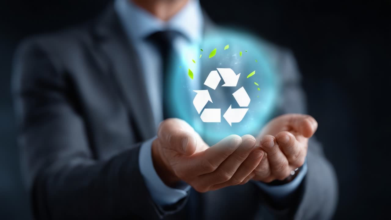 Innovative Businessman Showcasing Environmental Sustainability Through a Creative 3D Recycle Symbol in His Hands, Emphasizing Green Technology and Eco-Friendly Practices