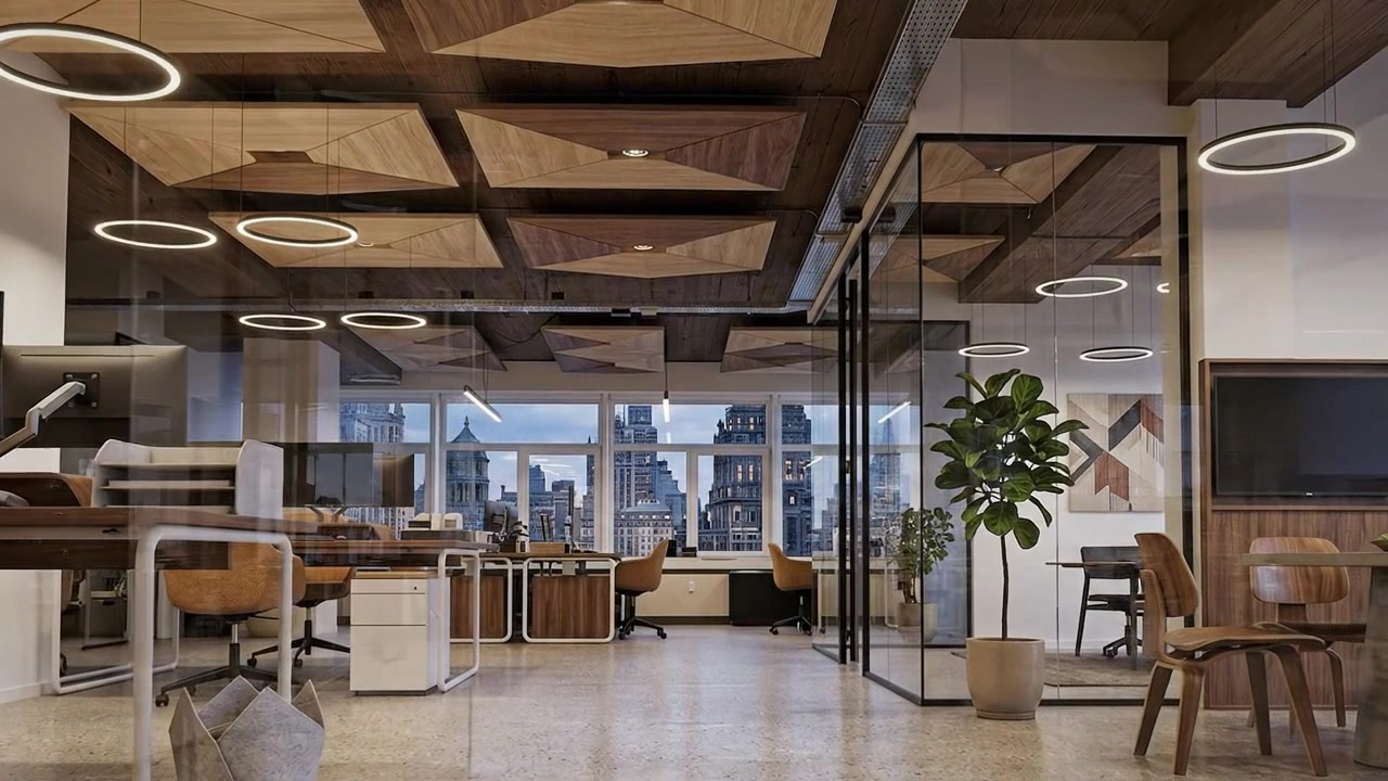 Modern Open Plan Corporate Office Interior With Large Windows and City View