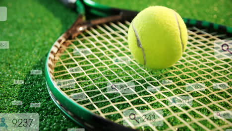 tennis ball resting on racket strings, displaying floating data overlays in animated 3d render