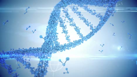 animación del hilado de cadenas de adn, moléculas y procesamiento de datos médicos