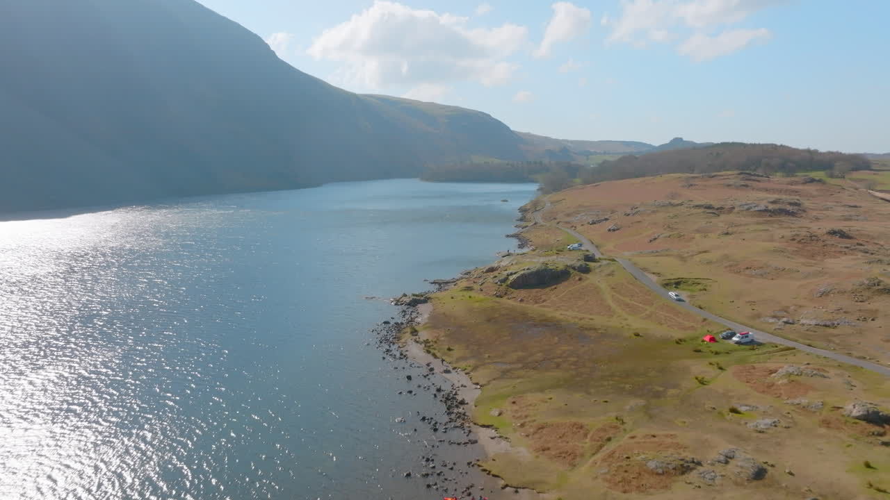 wastwater 호수 지구 유네스코 국립 공원, wasdale 머리, 호수를 따라 공중 이른 아침 추진