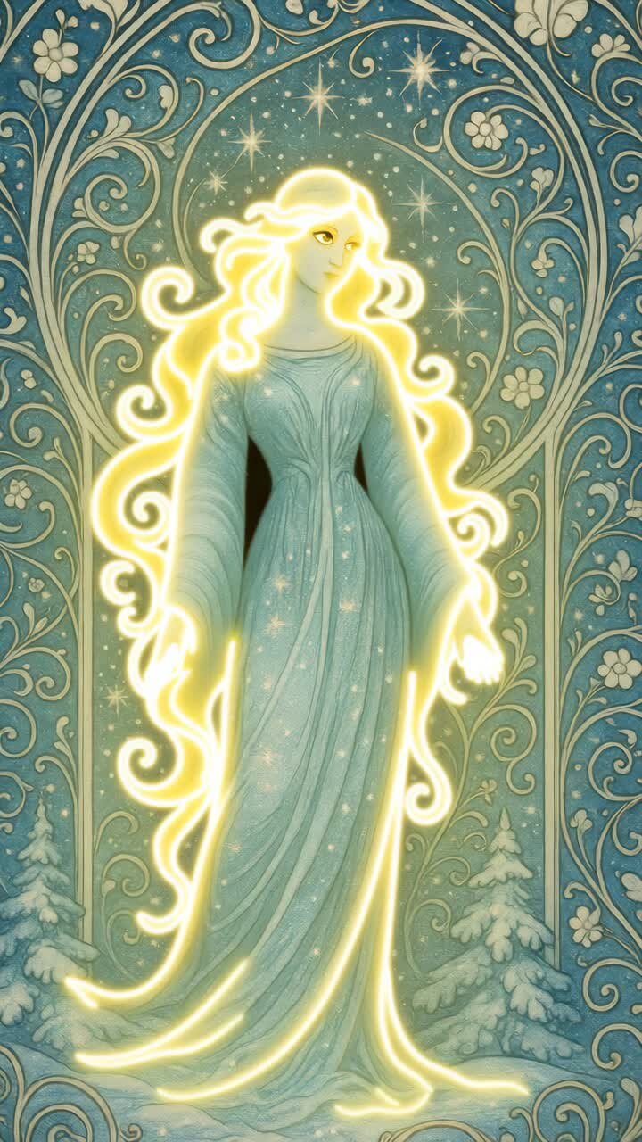 Illustrazione in stile Art Nouveau di una donna serena in un abito stellato, vista frontalmente