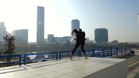 woman dancing in cityscape