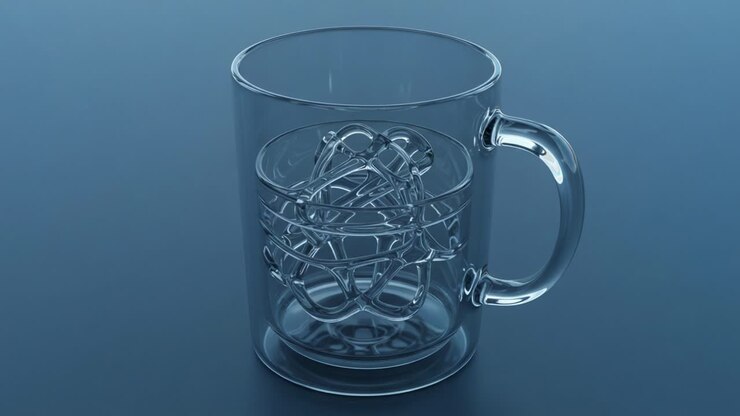 A Clear Glass Mug Containing Intricate Metal Twists, Showcasing the Blend of Transparency and Complexity in a Thought-Provoking Design Sequence