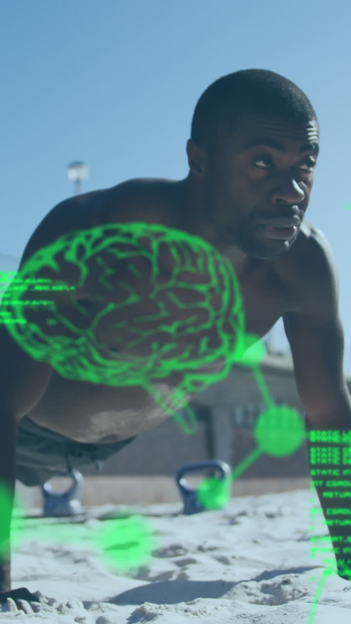 Animation of data processing over african american man exercising at beach