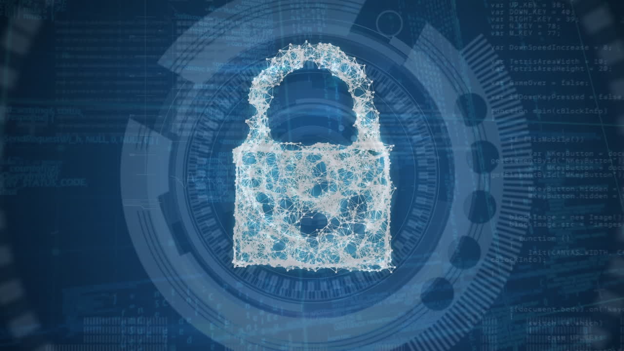 animación de un candado digital sobre un fondo azul con círculos giratorios