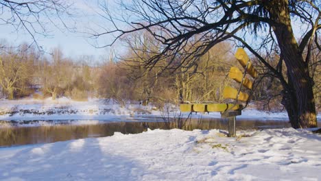 profile shot of a bench next to a frozen lake with snow covered trees around it