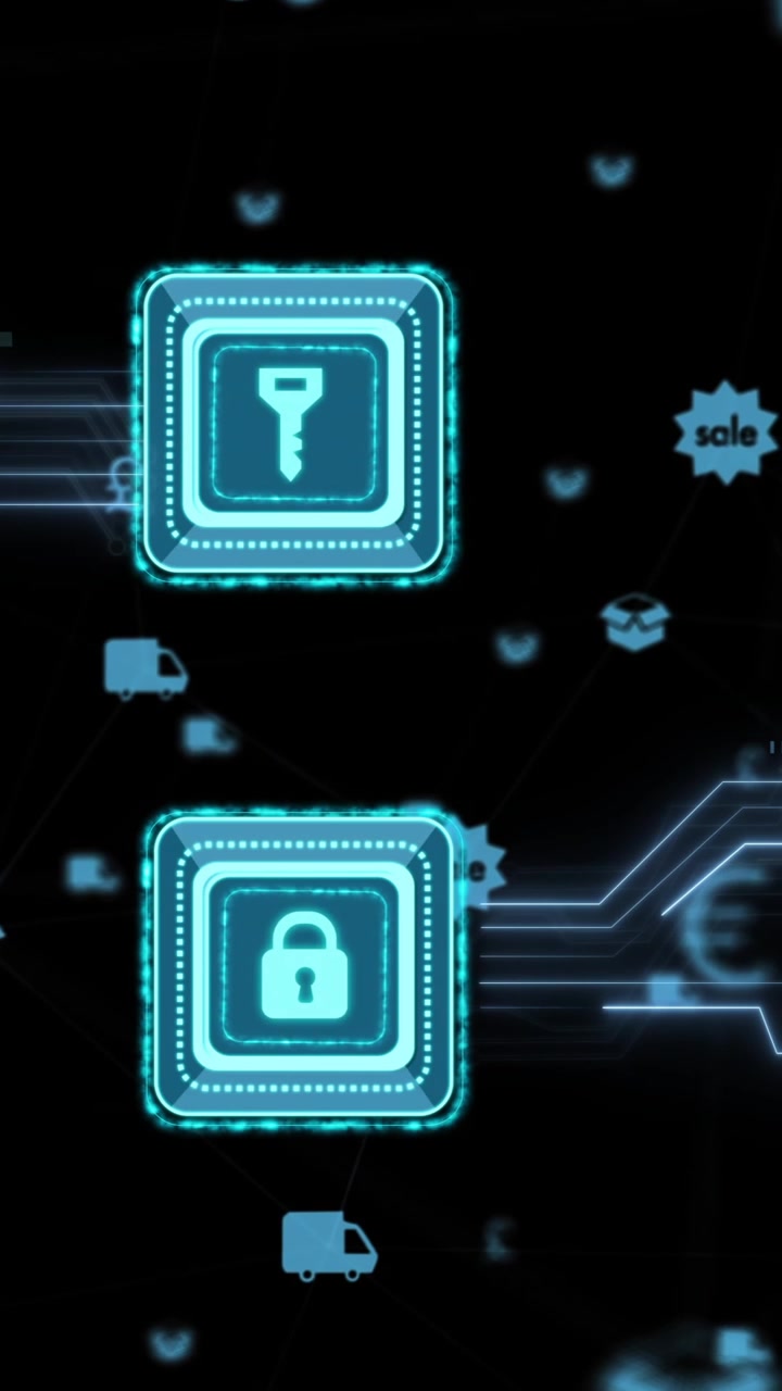 Animation of data processing and padlock and key icon with circuit board over dark background