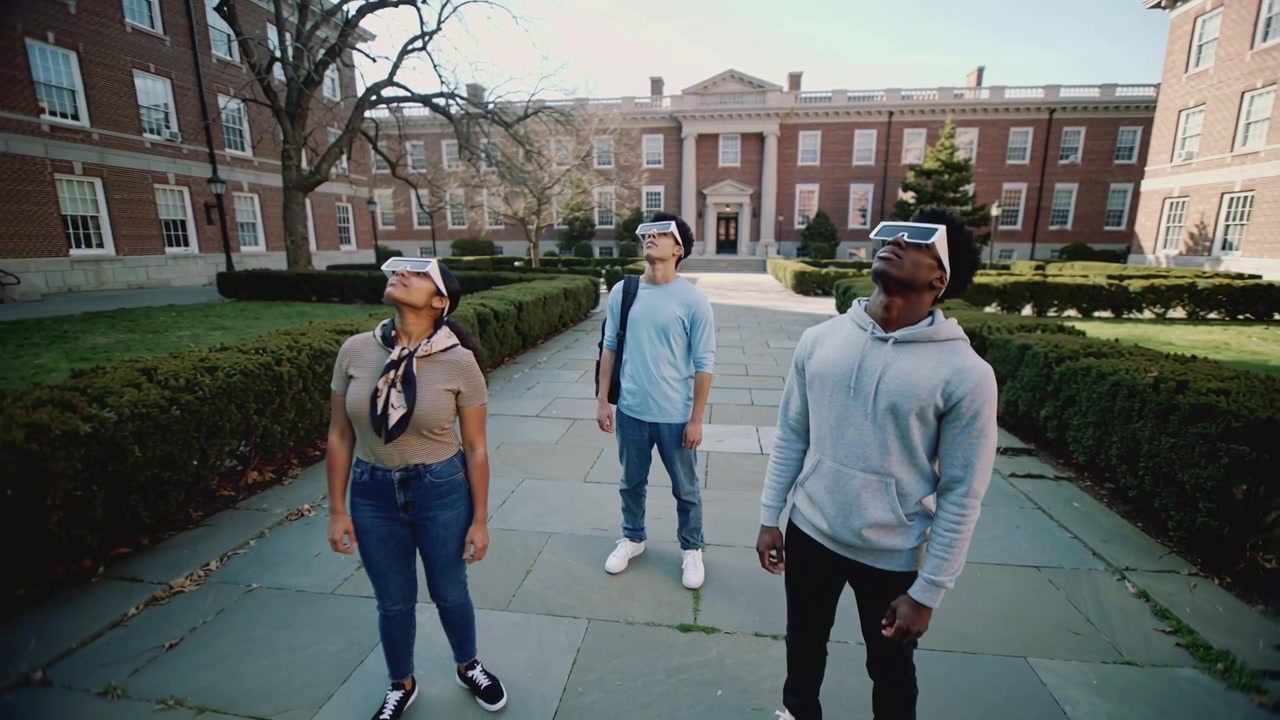 3 studerende vipper hovederne opad og ser på himlen på universitetspladsen, iført hvide visir-headsets og rygsæk.