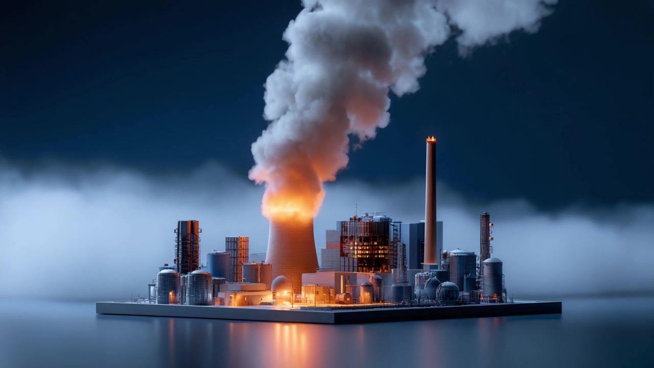 Impianto industriale che emette fumo denso di notte, avvolto dalla nebbia, a testimonianza della tecnologia avanzata e del suo impatto ambientale