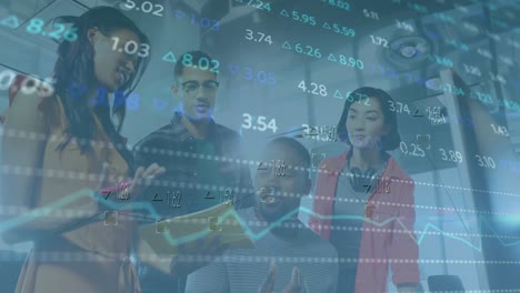 animation of financial data processing over diverse business people in office
