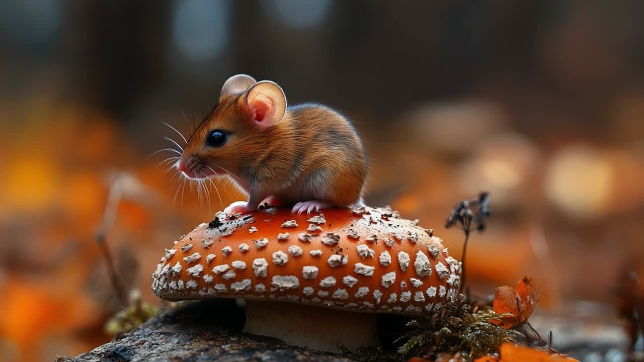 Topolino su un fungo nella foresta autunnale
