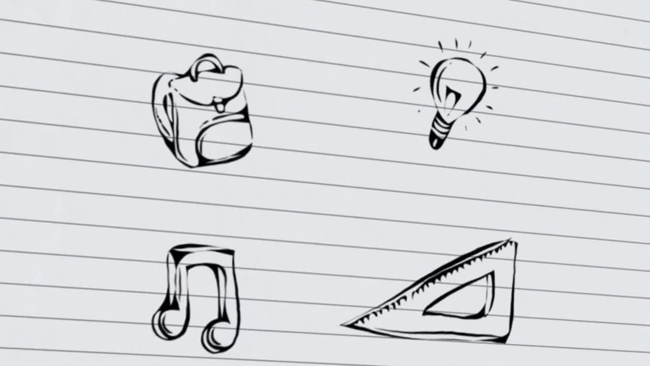 Animation of falling school items over white background