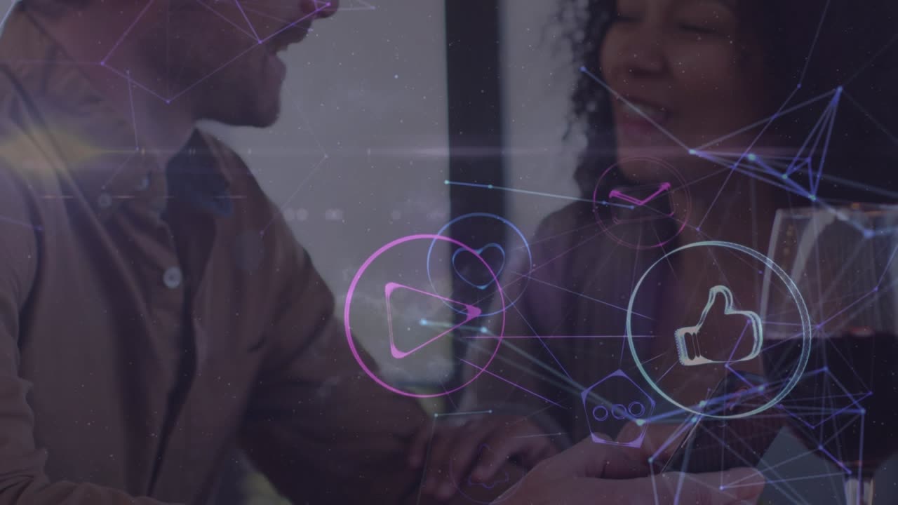 Animation of network of connections with icons over caucasian couple using smartphone