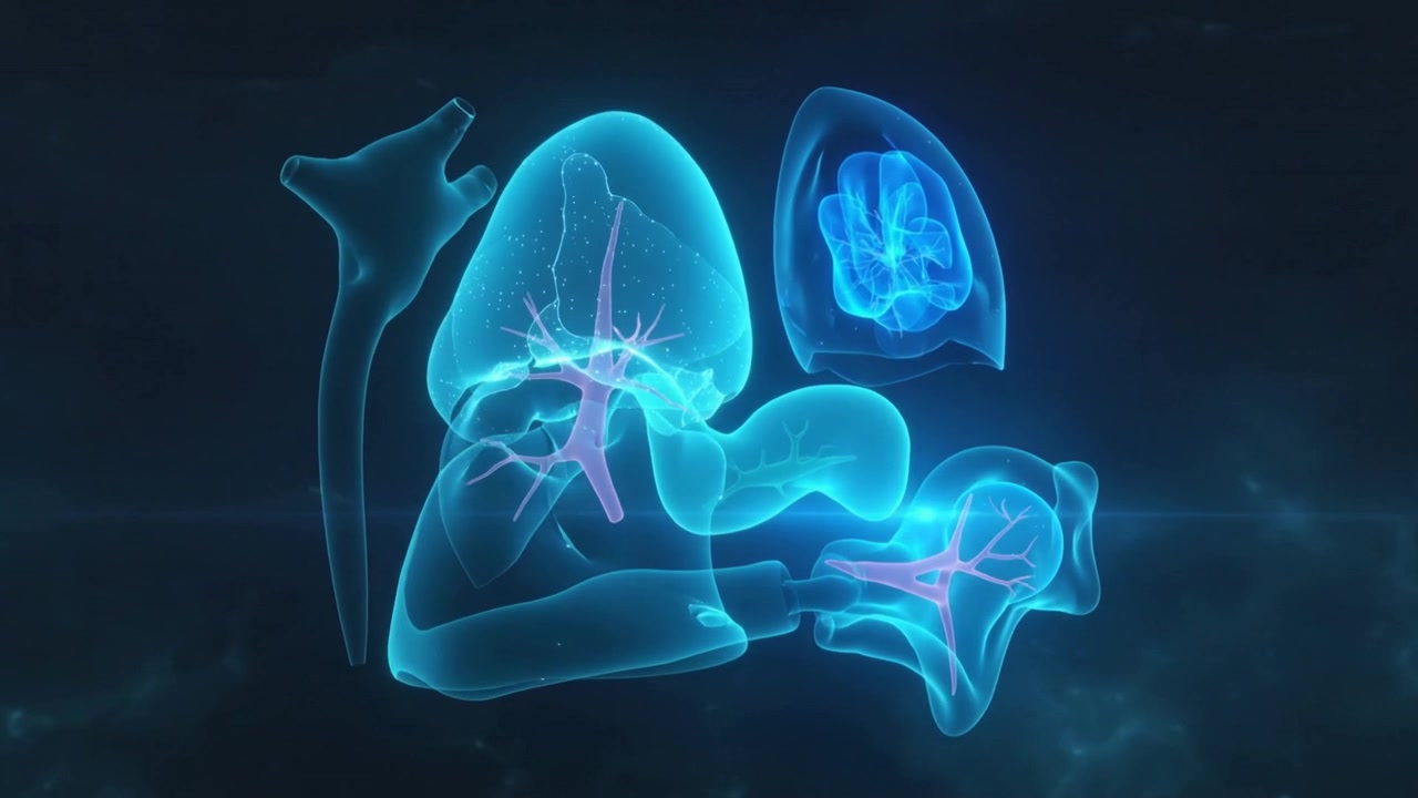 Rotating cyan organs on start, exposing lung pink bronchi while highlighting branching in starfield