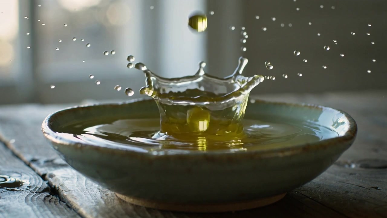 Gocciolina che cade scontrandosi con un liquido giallo-verde in una ciotola di ceramica su un tavolo usurato.