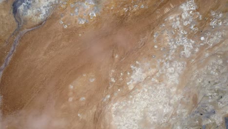 looking down on contrasting colours of the steaming vents and water pools in iceland's hot springs