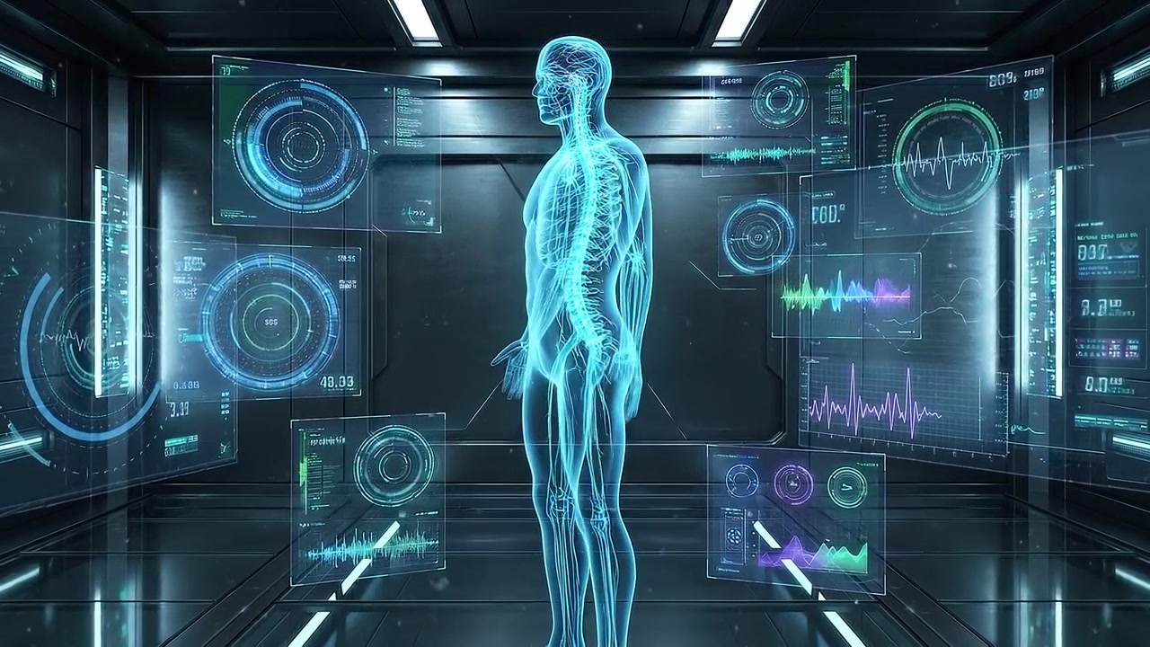 Digital human body surrounded by futuristic medical diagnostic screens