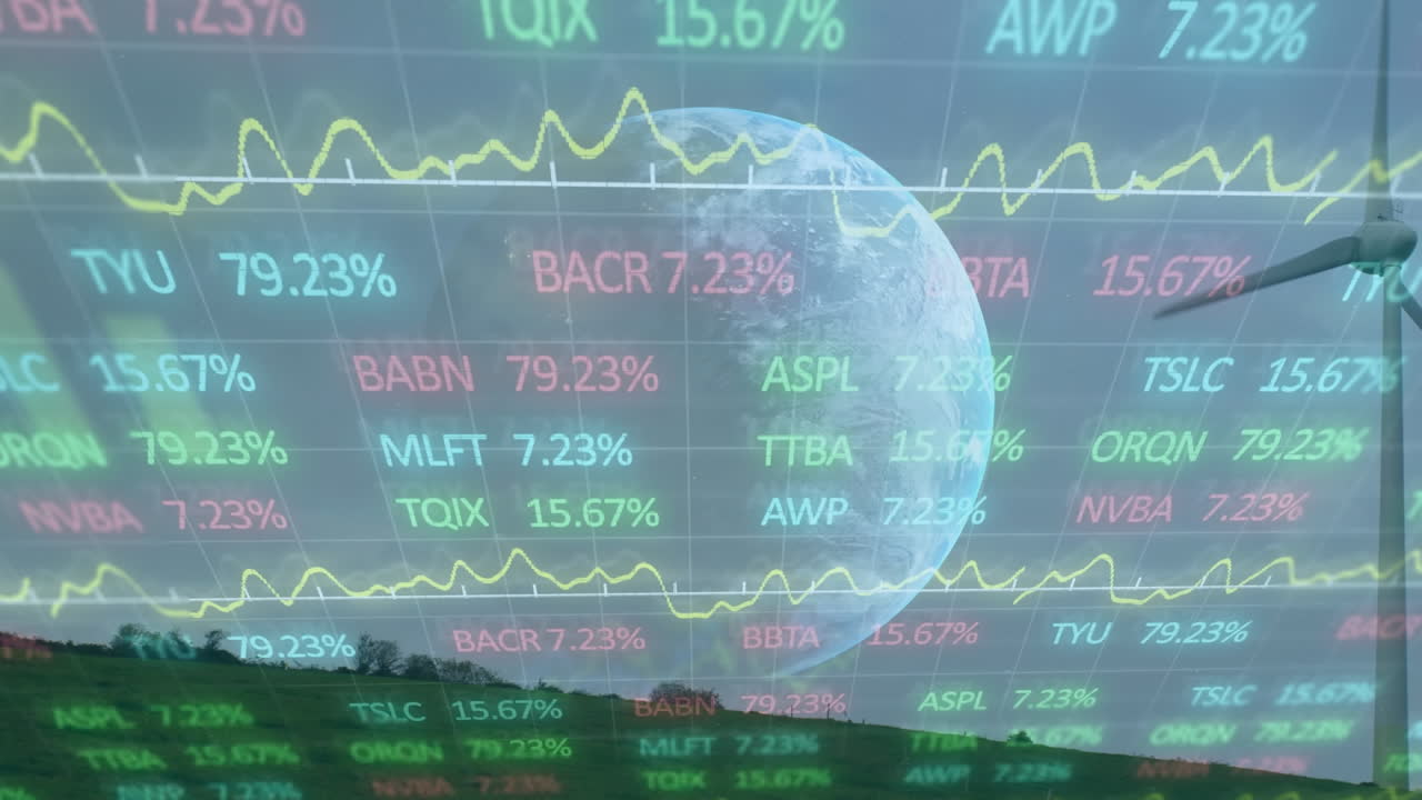 금융 데이터 처리의 애니메이션과 풍력 터빈 위의 지구