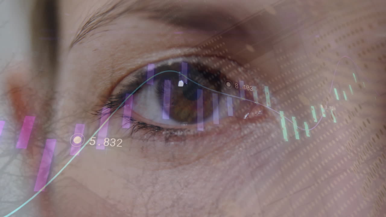 animazione di grafici e elaborazione di dati occhio marrone lampeggiante di donna caucasica