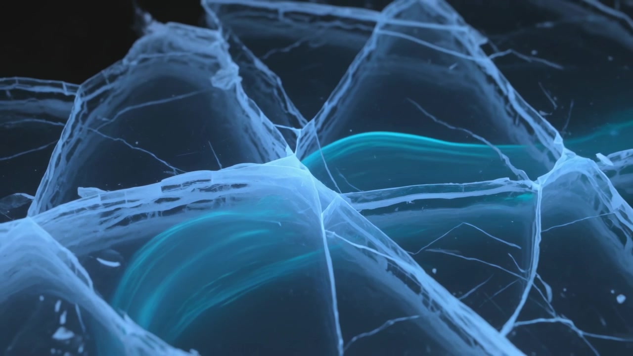 Moving camera revealing membrane lattice for study, teal arcs sweeping, filaments drifting