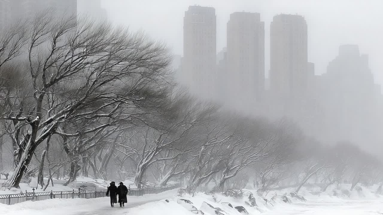 Two Figures Strolling Through a Snow-Covered Park with Skyscrapers in the Background Amidst a Winter Storm, Capturing the Essence of a Frigid Urban Landscape