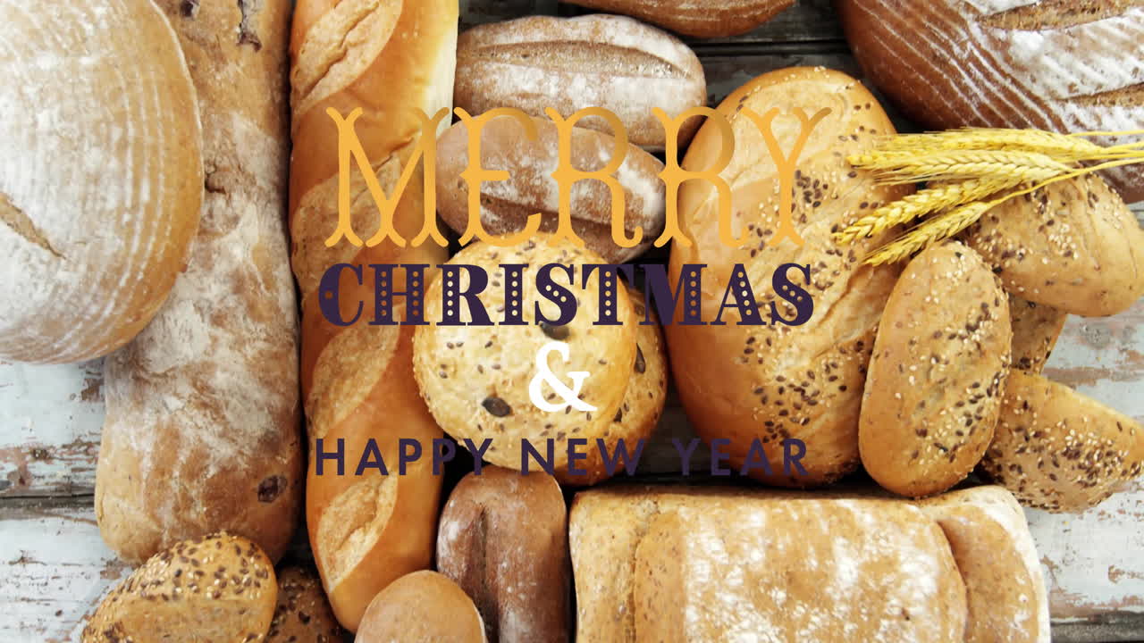 Animation of assorted breads with Merry Christmas  and  Happy New Year text overlay