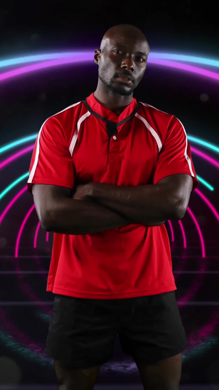 Animazione del ritratto di uno sportivo afroamericano su archi al neon rosa e blu.