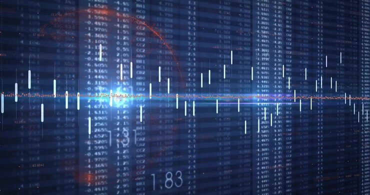 Fading centerline initiating candlestick bars pulsing while red arc sweeping for market trend chart