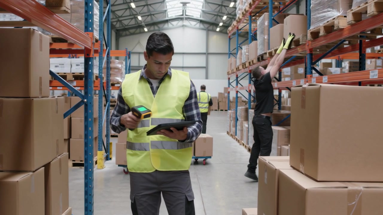 Lavoratore con giubbotto ad alta visibilità in un deposito che usa uno scanner, controlla un tablet dopo un avviso e sistema le scatole.