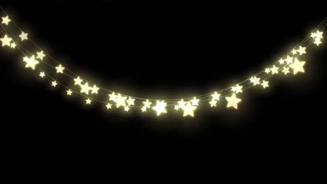 digital animation of decorative star shaped fairy lights hanging against black background