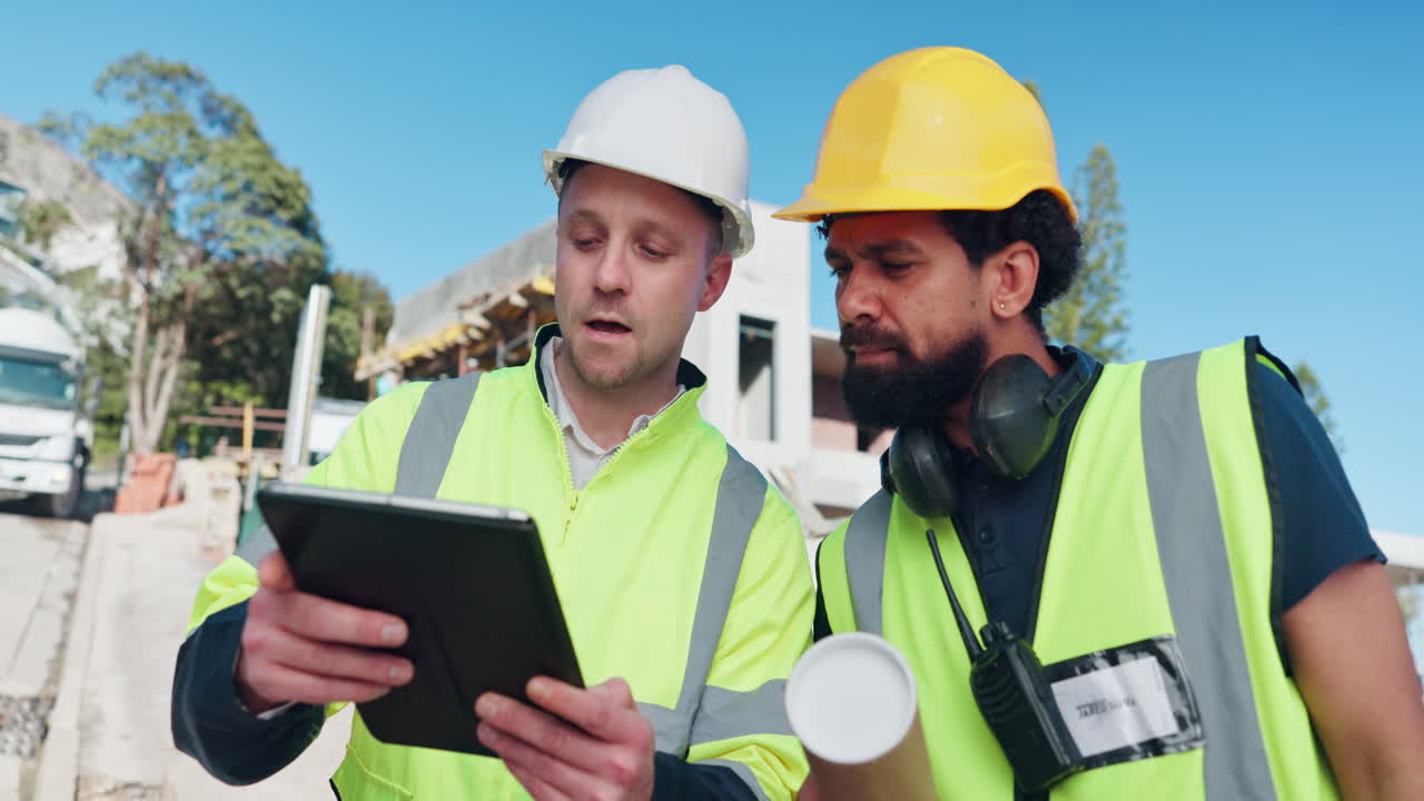 trabajadores de la construcción discutiendo el proyecto en la tableta
