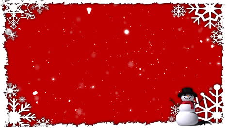 Animation-of-snow-falling-over-christmas-winter-scenery-with-copy-space-on-red-background