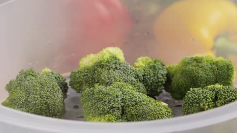 mixed vegetables, carrots, broccoli, and cauliflower in a food double boiler steamer basket in a stainless steel pot, healthy diet cooking method preserving minerals, vitamins and flavor