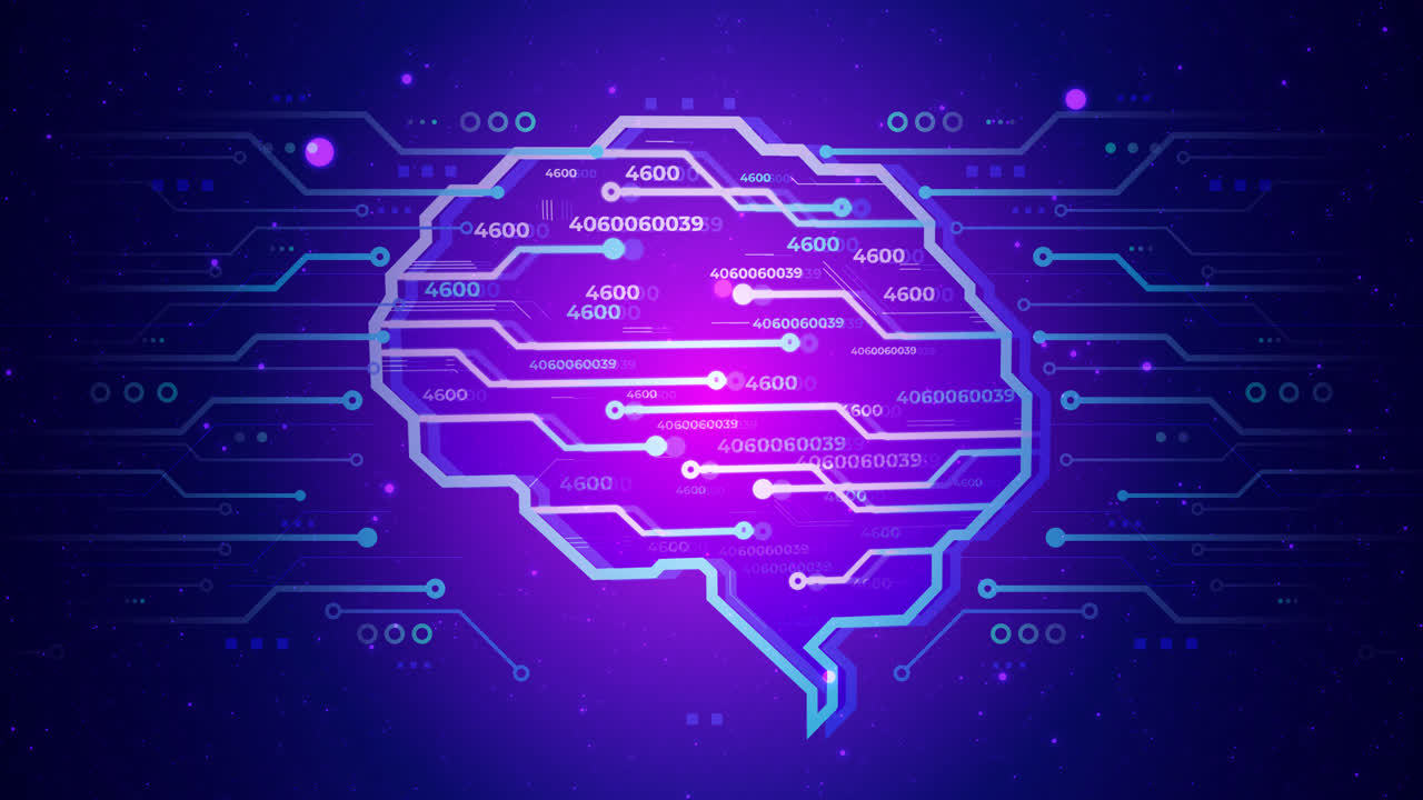 Digital Brain with Flowing Data on Circuit Board Background