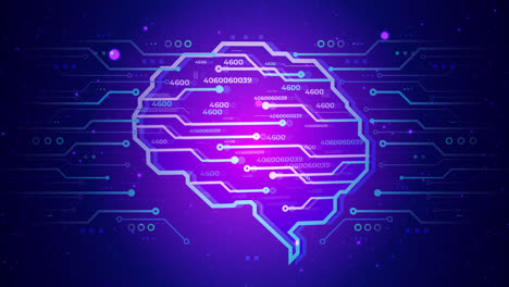 digital brain with flowing data on circuit board background