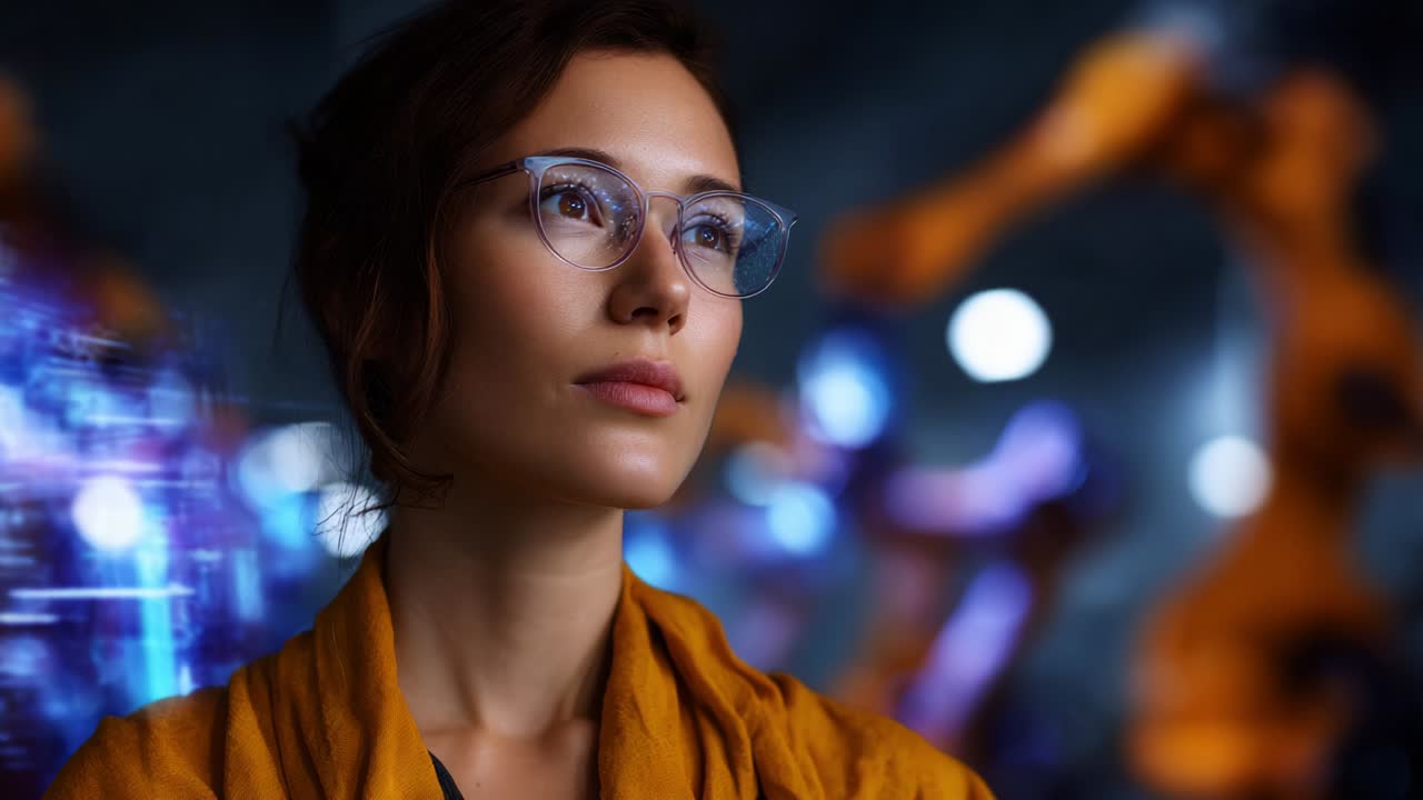 A contemplative woman with glasses gazes thoughtfully into the distance, surrounded by a backdrop of advanced robotic technology, symbolizing the intersection of human insight and mechanical innovation