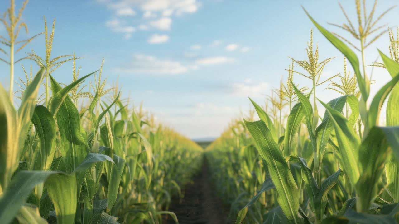 Low-angle video shot of a lush cornfield under a clear blue sky, capturing the vibrant green stalks