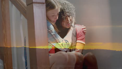 animación de paisaje de puesta de sol sobre tristes niñas adolescentes diversas consolándose unas a otras en las escaleras