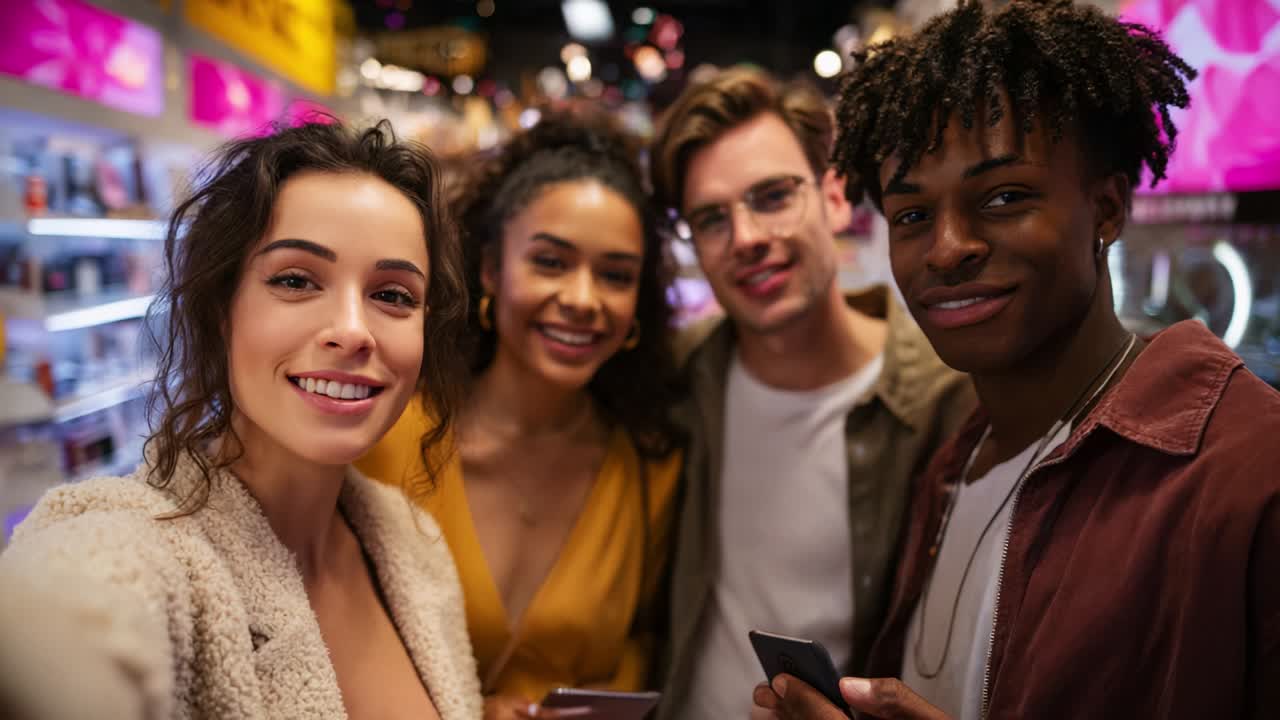 A joyful group of four friends takes a fun selfie in a vibrant store filled with colorful products, showcasing their camaraderie and happiness as they enjoy each other's company in a lively setting
