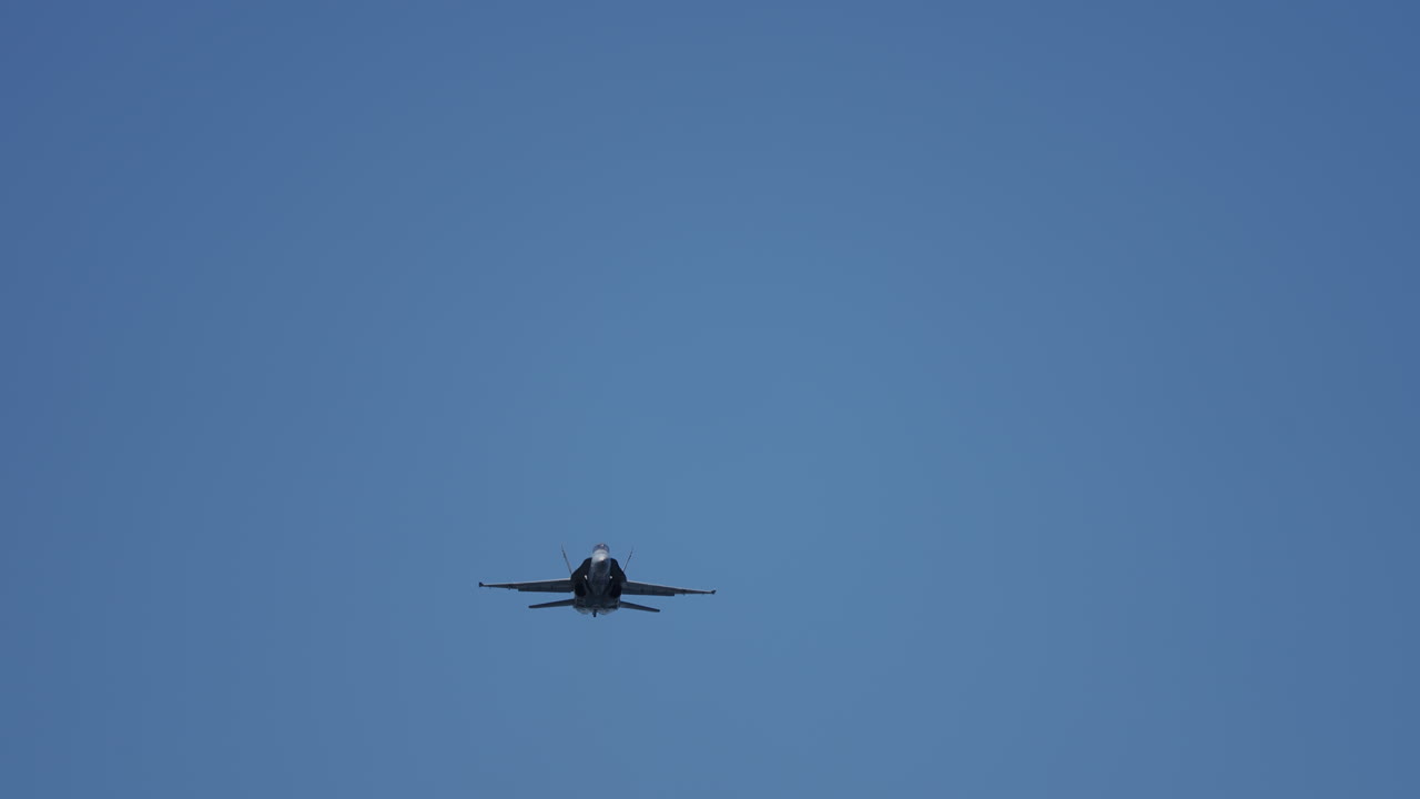 Military jet aircraft flying in slow motion toward the camera and passing overhead with clear blue sky background