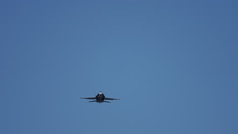 military jet aircraft flying in slow motion toward the camera and passing overhead with clear blue sky background