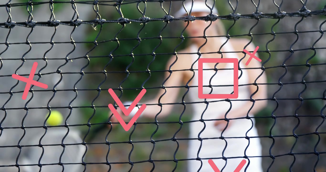 Animation of arrows and geometric shapes, close up of nets against caucasian female badminton player