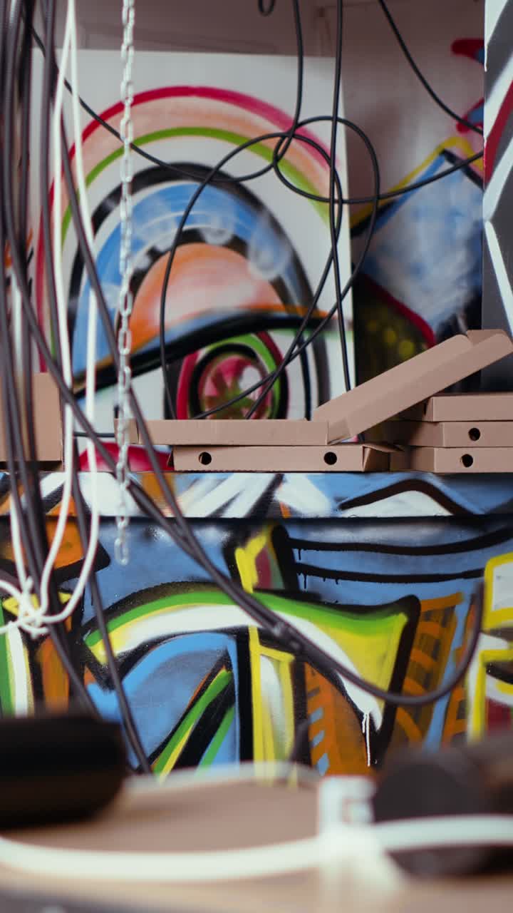 Vertical video Empty pizza boxes and spray cans left over in dirty ghetto