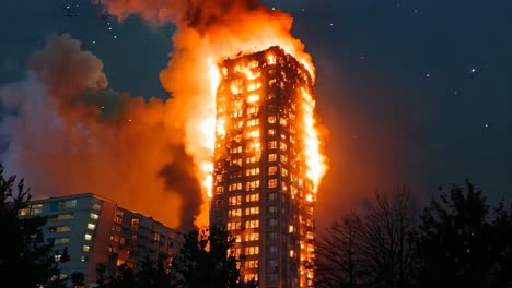 un edificio alto está envuelto en llamas por la noche