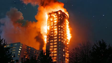 a tall building is engulfed by flames at night